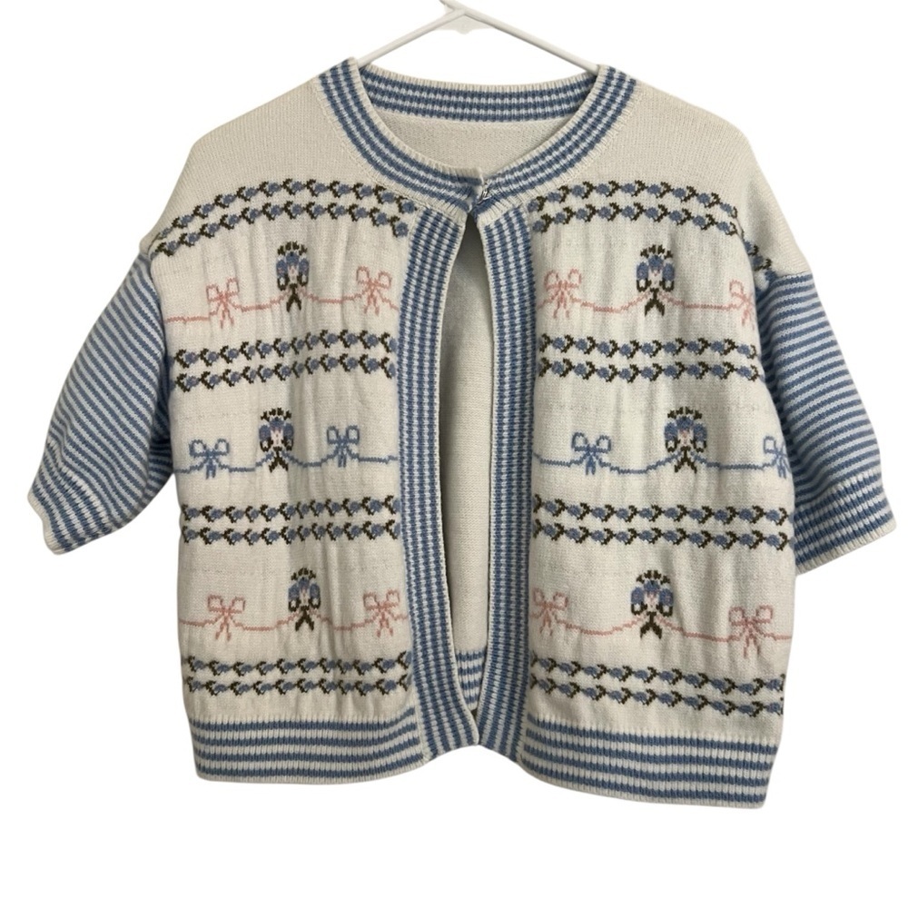 Fancy Cottagecore Knit Cardigan Blue bow White Embroidered Sweater Soft Cozy